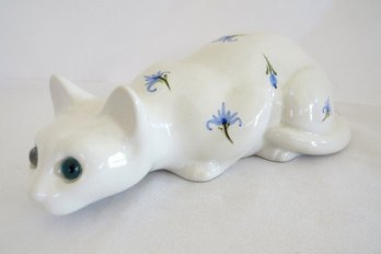 Vintage Ceramic White Cat Figurine With Flower Design From ELPA Alcobaca