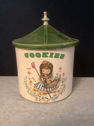 Vintage Cookies Jar- Green Top Little Girl Gardening
