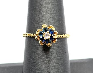 Beautiful Sterling Silver Vermeil Blue Topaz Color Clear Stones Flower Ring, Size 7