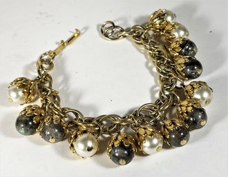 Vintage Gold Tone Faux Pearl Charm Bracelet