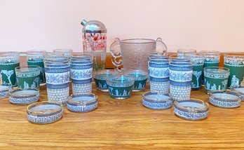 Vintage Painted Glassware - And A Full Glass Caddy Set