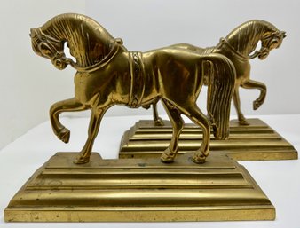 Pair Antique Solid Brass Large Horse Bookends