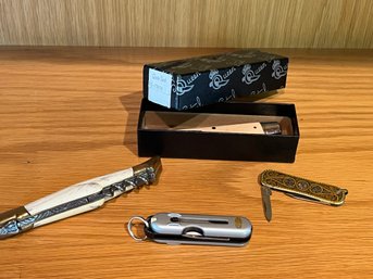 4 Piece Lot Pocket Knives - Queen's Steel, Laguiole France, Acero Monterey, Fiskars