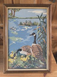 Vintage Needle Point Canadian Geese 16x23 Wood Frame Needlepoint