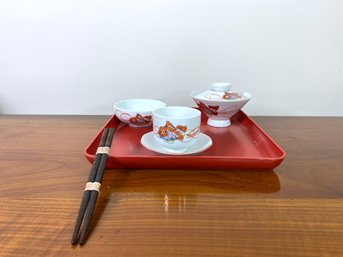 Hand Painted Ceramic Sushi Soup Rice Saki And Chopstick Set Koi Motif