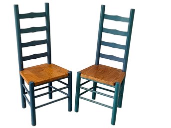 Pair Of Blue Wooden Ladderback Chairs