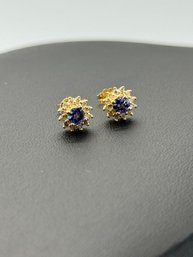 Magnificent Tanzanite & Diamond Earrings Set In 14k Yellow Gold