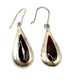 Vintage Sterling Silver Polished Red Inlay Dangle Earrings