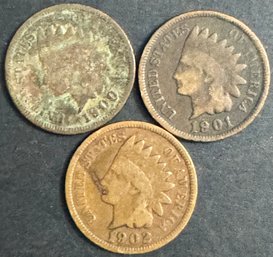 3 Indian Head Pennies 1900, 1901, 1902