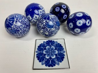 Blue & White Bombay Porcelain Decorative Balls And Trivet (6)