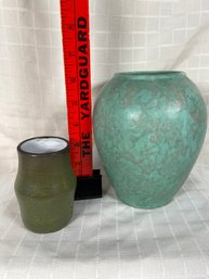 2 Pottery Vases Olive Green 4' And Teal And Gray 6.5' No Chips