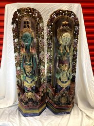 Set Of Two Large Early 20th Century Asian Buddhist Figures, Carved Wood With Weathered Polychrome