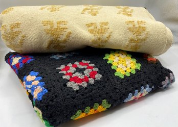 Vintage Hand Made Granny Square Afghan & Hand Woven Wool Mexican Blanket