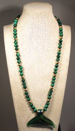 Vintage Malachite Gold Filled And Art Glass Beaded Necklace Whale Tale