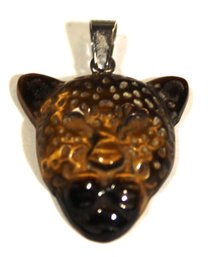 FINE CONTEMPORARY STERLING SILVER HAND CARVED PANTHER FACE TIGER'S EYE PEDNANT