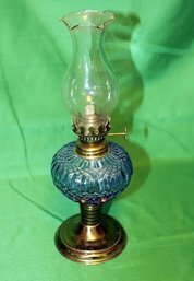 Vtg Blue Glass & Brass Oil Lamp