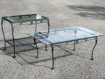 A Vintage Wrought Iron Coffee Table And Side Table, Glass Tops