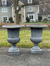 Pair Of 2 Large Gray Resin Urns Planters