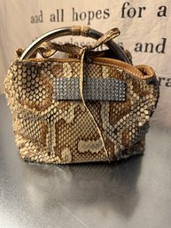 Snake Skin Evening Bag With Metal Handle And Rhinestone Detail