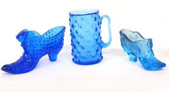 Three Piece Fenton Blue Glass Lot Includes 2 Shoes And A Hobnail Mug W/applied Handle