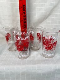 Set Of 4 Red And White Roses Floral Pattern Glasses 4.5' No Chips