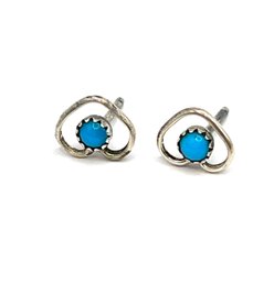 Vintage Sterling Silver Heart Shaped Turquoise Color Stud Earrings