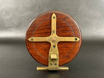 A Vintage Fishing Reel In Wood & Brass #4