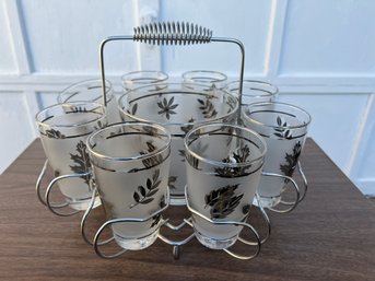 1960s Libbey Starlyte Mid Century Modern Frosted Silver Leaf Tumbler Glasses In Caddy Set- 11 Pieces