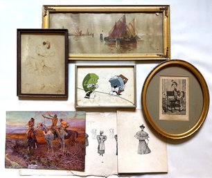 Vintage Art: Framed Watercolor, Cartoon, Signed Drawing, Fashion & Charles M. Russell Native American Prints