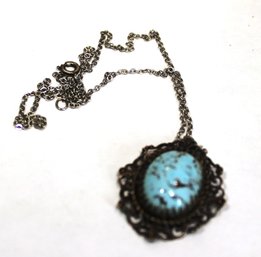 Antique Sterling Silver Necklace Having Turquoise Colored Glass Stone