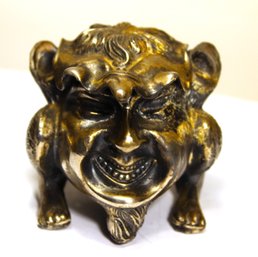 Antique Gilt Spelter Devil Formed Inkwell (missing Insert)