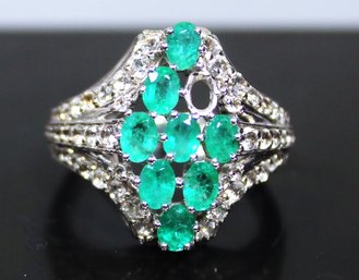 Contemporary Sterling Silver Cocktail Ring Having Genuine Emeralds (missing One Stone)