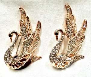 Elegant Pair Of Rose Gold Tone Swan Broaches
