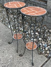 Pair Of Iron & Tile (faux Brick) - Tall 37.25 H - Plant Stands - Each Holds Two Plants - Patio Porch Garden