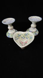 Hand Painted Candlestick Holders And Trinket Dish
