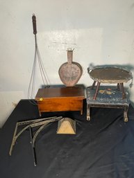 EARLY DOLL BLANKET CHEST, STOOLS, RUG BEATER, ETC