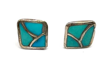 Vintage Sterling Silver Turquoise Color Inlay Stud Earrings