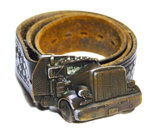 Vintage Men's Black Leather Belt W Cast Metal Semi Truck Belt Buckle