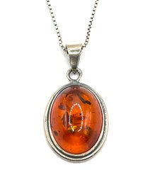 Vintage Italian Sterling Silver Chain With Amber Pendant