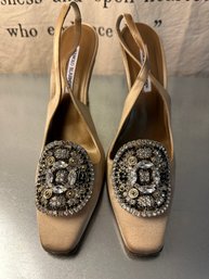 Vintage Manola Blahnik Designer Gorgeous Crystal Buckle Beige Satin Evening Shoe