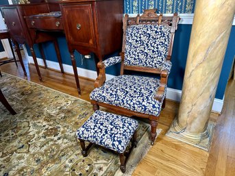 Antique Eastlake 1880s Black Walnut Gentleman Parlor Arm Chair With Ottoman