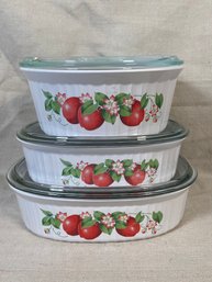 3 Corningware French White With Red Apples Casserole Dishes With Glass Lid No Chips