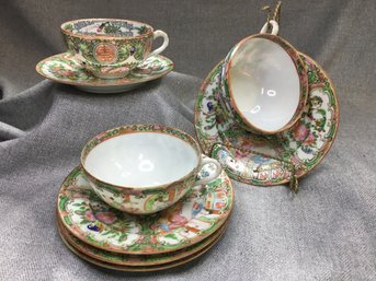 Group Of Very Delicate Antique Rose Medallion Cups & Saucers - (3) Cups - (5) Saucers - Westport Estate