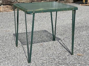 A Mid Century Modern Wrought Iron Hairpin Leg Side Table With Chicken Wire Glass Top