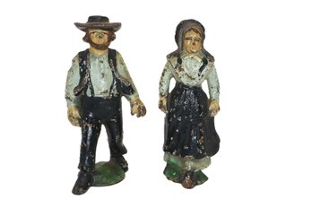 Vintage Heavy Amish Cast Iron Man & Woman Figures Hand Painted