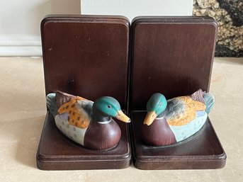 Vintage Set  Of Duck Themed Bookends - Wood With Ceramic