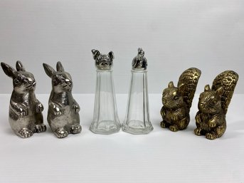 Animal Form Salt & Pepper Shakers - Chipmunks, Rabbits, Pig/Chicken On Glass Holders