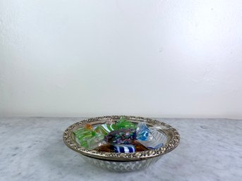 Sterling Rimmed Glass Bowl With Decorative Glass Candy