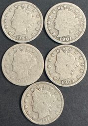 5 V Nickels 1899, 1901, 1903, 1905, 1912