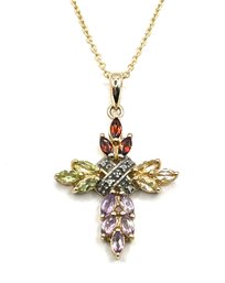 Vintage Sterling Silver Vermeil Multi Color Stones Cross Necklace